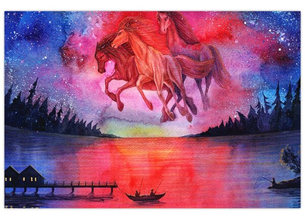 Kép - Űrlovak jelenése a tó felett, aquarel (90x60 cm)