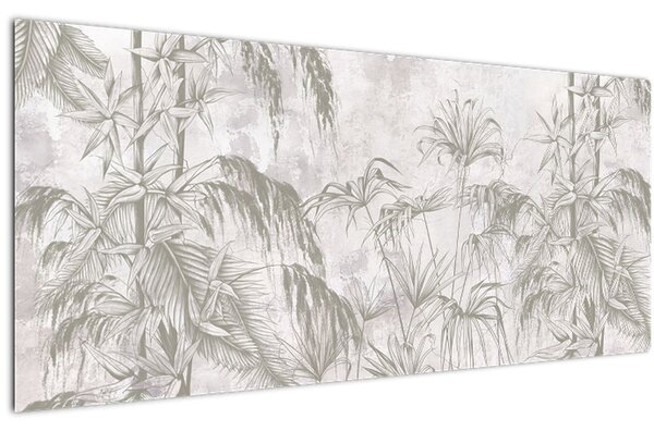 Kép - Trópusi növények a falon szürke színben (120x50 cm)