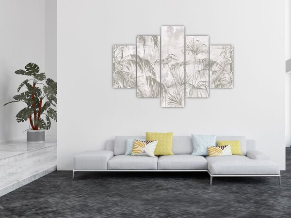 Kép - Trópusi növények a falon szürke színben (150x105 cm)
