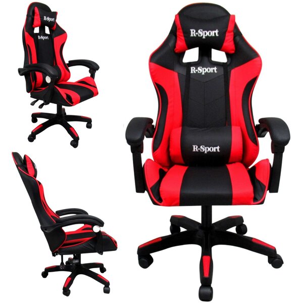 R-Sport Gamer szék deréktámasszal és masszázs funkcióval - piros-fekete