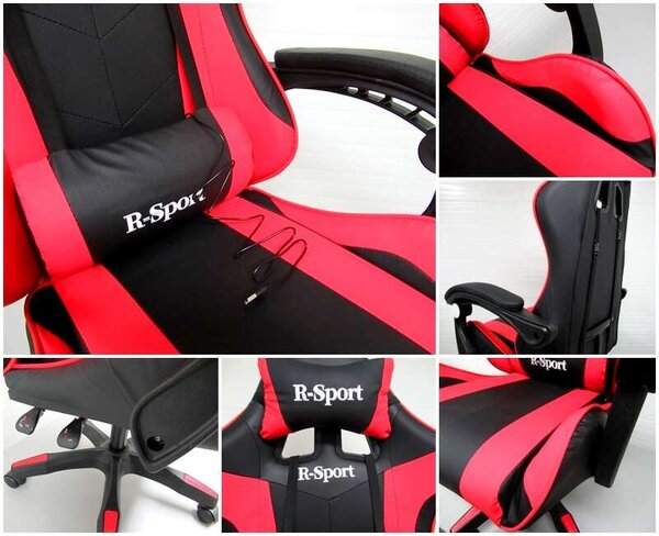 R-Sport Gamer szék deréktámasszal és masszázs funkcióval - piros-fekete