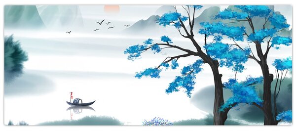 Kép - festett tó csónakkal (120x50 cm)