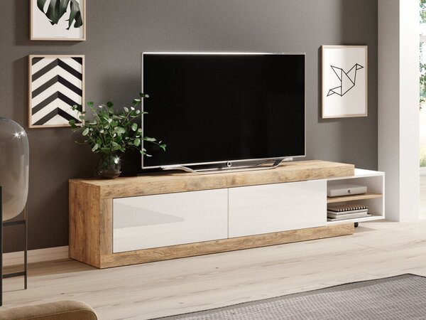 TV-állvány Balcira 103, Laminált forgácslap, 44x200x40cm, Fehér, Sandal tölgy, Fényes fehér