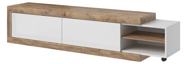 TV-állvány Balcira 103, Laminált forgácslap, 44x200x40cm, Fehér, Sandal tölgy, Fényes fehér