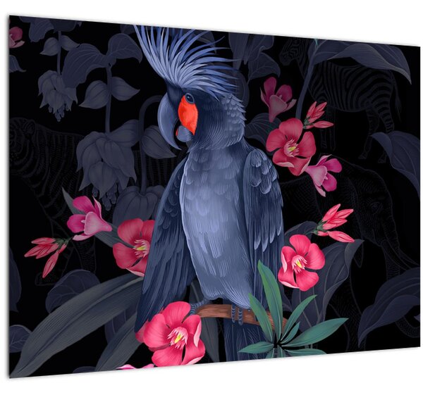 Kép - papagáj a virágok között (70x50 cm)