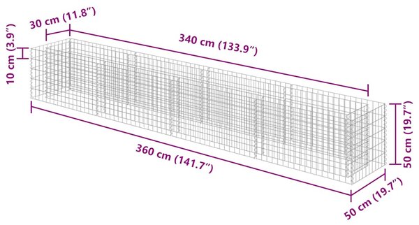 Horganyzott acél gabion magaságyás 360 x 50 x 50 cm