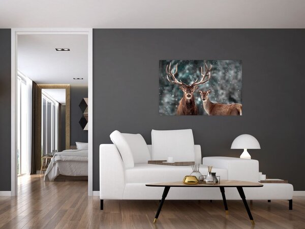 Kép - szarvas és őzike egy havas erdőben (90x60 cm)