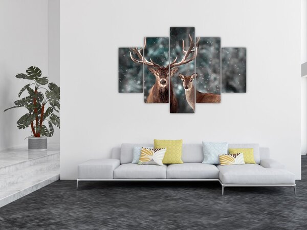 Kép - szarvas és őzike egy havas erdőben (150x105 cm)