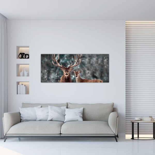 Kép - szarvas és őzike egy havas erdőben (120x50 cm)
