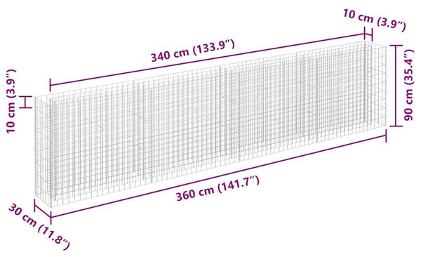 Horganyzott acél gabion magaságyás 360 x 30 x 90 cm