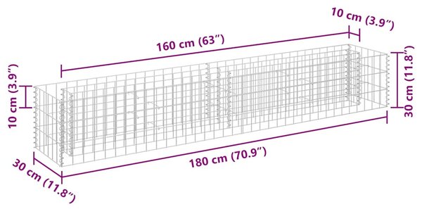 Horganyzott acél gabion magaságyás 180 x 30 x 30 cm