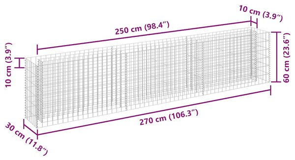 Horganyzott acél gabion magaságyás 270 x 30 x 60 cm