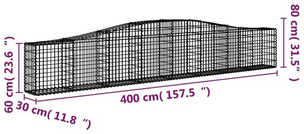 Íves horganyzott vas gabion kosár 400x30x60/80 cm