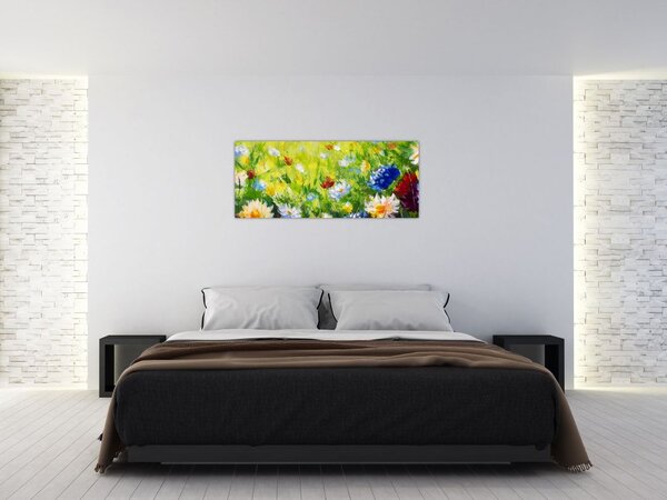Virágzó rét képe, olajfestmény (120x50 cm)