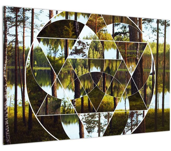 Kép - Geometrikus kollázs a skandináv erdők hátterében (90x60 cm)