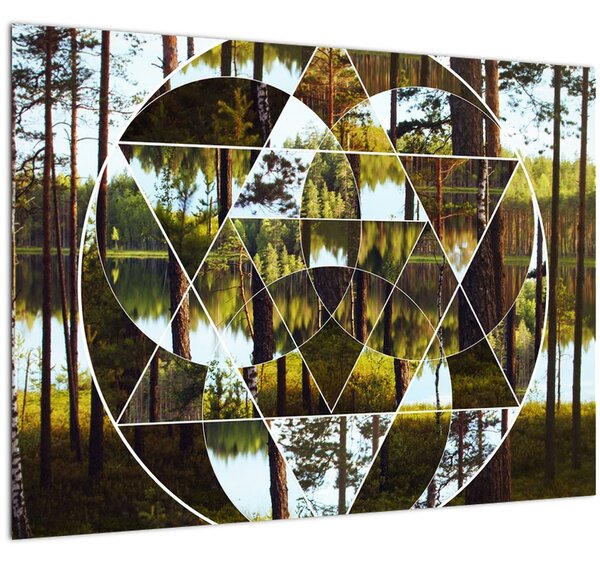 Kép - Geometrikus kollázs a skandináv erdők hátterében (70x50 cm)