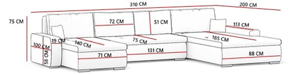 TORONTO U alakú kinyitható kanapé Sötétszürke / fekete ökobőr Jobb