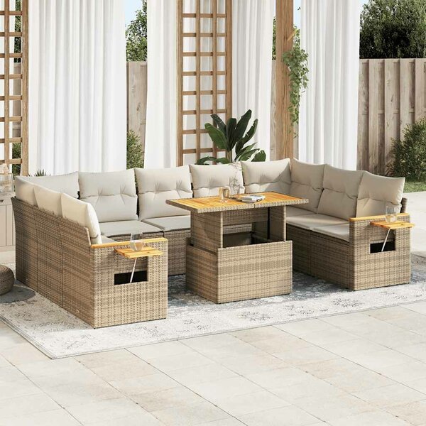 VidaXL 10 részes bézs polyrattan akácfa kerti ülőgarnitúra párnával