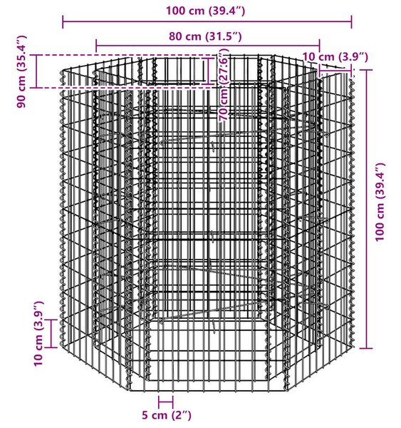 Hatszögletű gabion magaságyás 100 x 90 x 100 cm