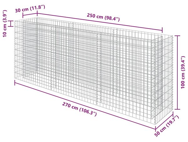 Horganyzott acél gabion magaságyás 270 x 50 x 100 cm