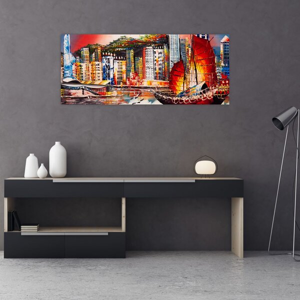 Kép - Victoria Harbour, Hong Kong, olajfestmény (120x50 cm)