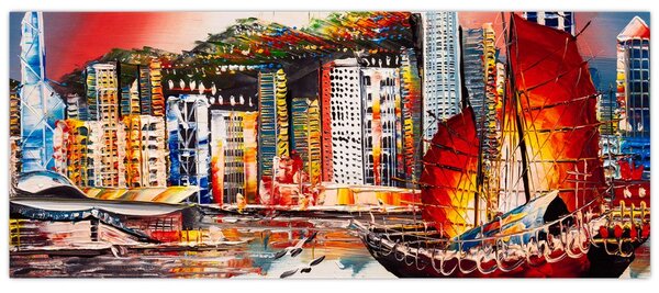 Kép - Victoria Harbour, Hong Kong, olajfestmény (120x50 cm)