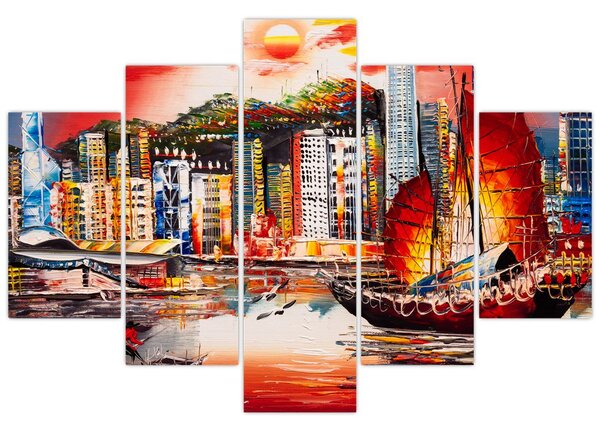 Kép - Victoria Harbour, Hong Kong, olajfestmény (150x105 cm)