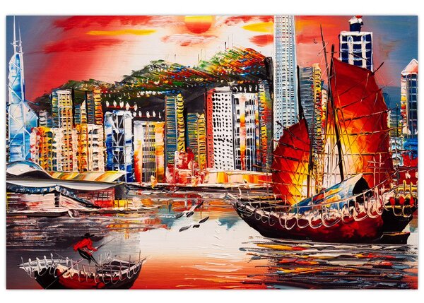 Kép - Victoria Harbour, Hong Kong, olajfestmény (90x60 cm)