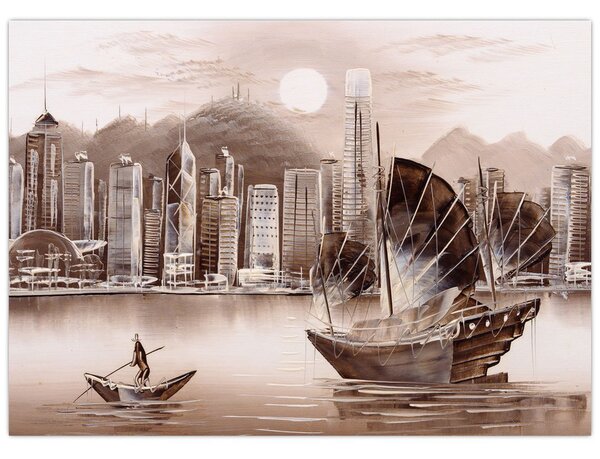 Kép - Victoria Harbour, Hong Kong, szépia hatás (70x50 cm)