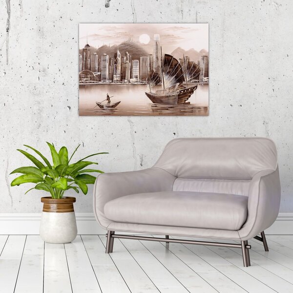 Kép - Victoria Harbour, Hong Kong, szépia hatás (70x50 cm)