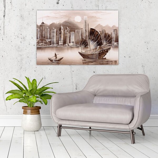 Kép - Victoria Harbour, Hong Kong, szépia hatás (90x60 cm)