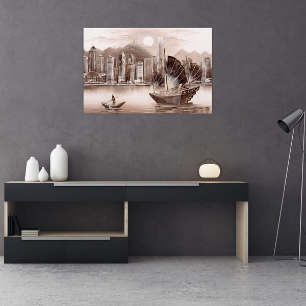 Kép - Victoria Harbour, Hong Kong, szépia hatás (90x60 cm)