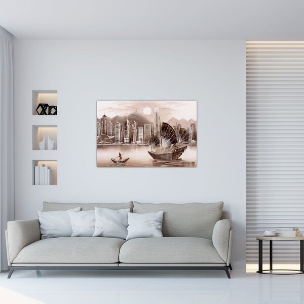 Kép - Victoria Harbour, Hong Kong, szépia hatás (90x60 cm)
