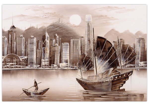 Kép - Victoria Harbour, Hong Kong, szépia hatás (90x60 cm)