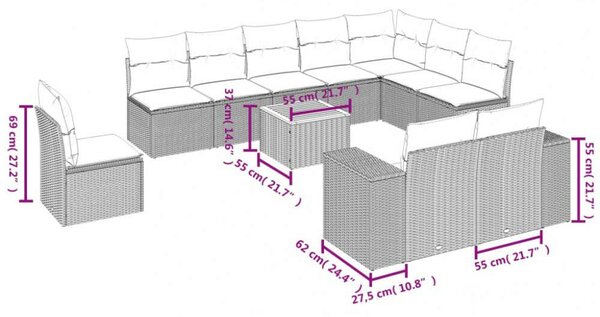 VidaXL 11 részes bézs polyrattan kerti ülőgarnitúra párnákkal