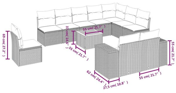 VidaXL 11 részes bézs polyrattan kerti ülőgarnitúra párnákkal