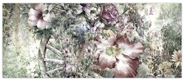 Virágok képe egy fából készült kerékpáron (120x50 cm)