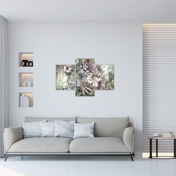 Virágok képe egy fából készült kerékpáron (90x60 cm)