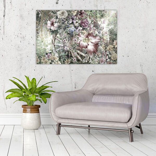 Virágok képe egy fából készült kerékpáron (90x60 cm)