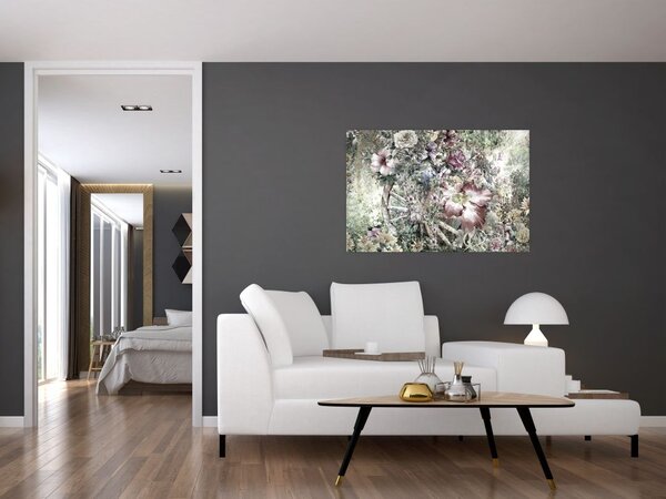 Virágok képe egy fából készült kerékpáron (90x60 cm)