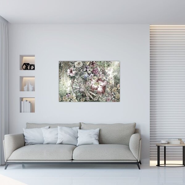 Virágok képe egy fából készült kerékpáron (90x60 cm)
