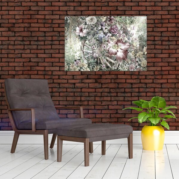 Virágok képe egy fából készült kerékpáron (90x60 cm)