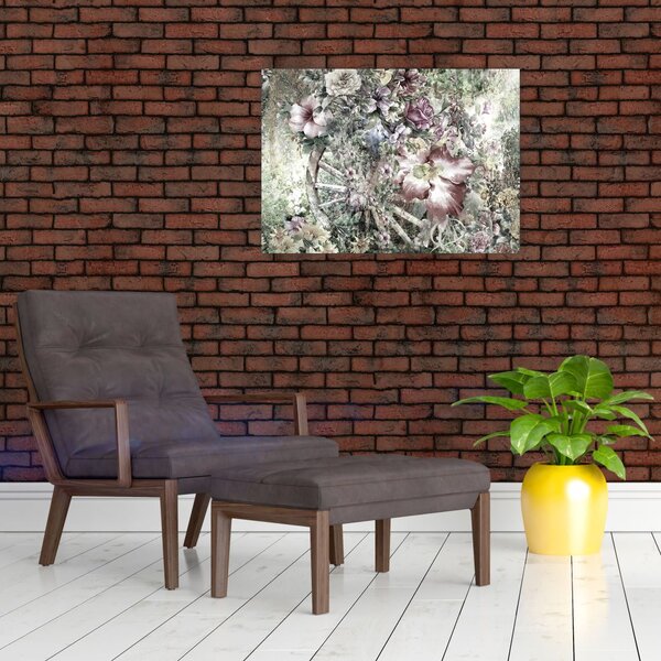 Virágok képe egy fából készült kerékpáron (70x50 cm)