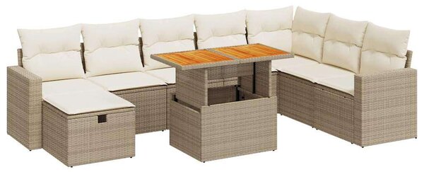 VidaXL 9 részes bézs polyrattan akácfa kerti ülőgarnitúra párnákkal