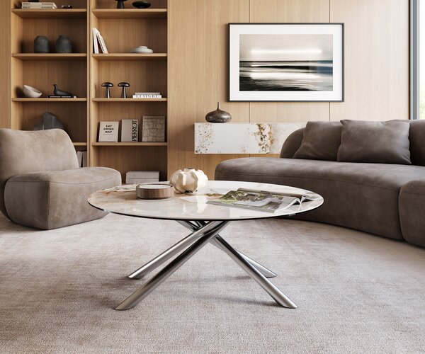 DELIFE Dohányzóasztal Edge kerek 100x100 cm kerámia Minas Melange Sarity rozsdamentes acél szálcsiszolt