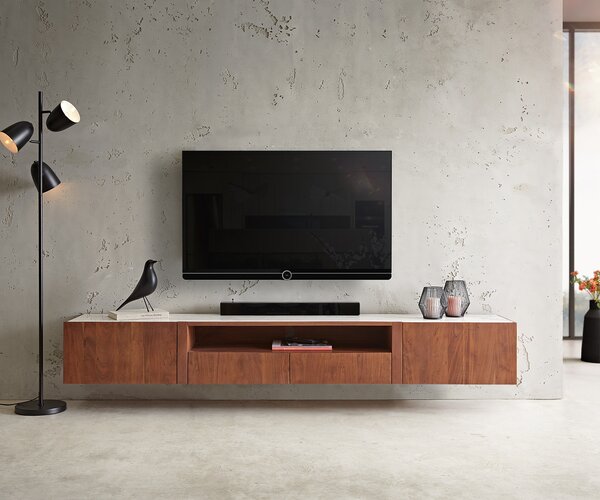 DELIFE TV szekrény Secara 220 cm akác barna 2 ajtós 2 fiókos lebegő márvány