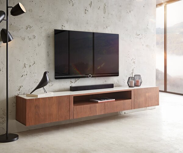 DELIFE TV szekrény Secara 220 cm akác barna 2 ajtós 2 fiókos lebegő márvány