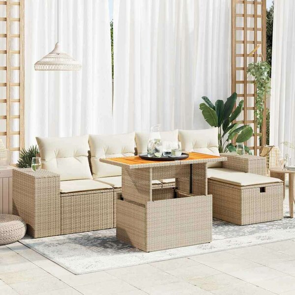 VidaXL 6 részes bézs polyrattan akácfa kerti ülőgarnitúra párnával