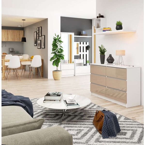 Komód K120 6SZ cappuccino fényes fehér