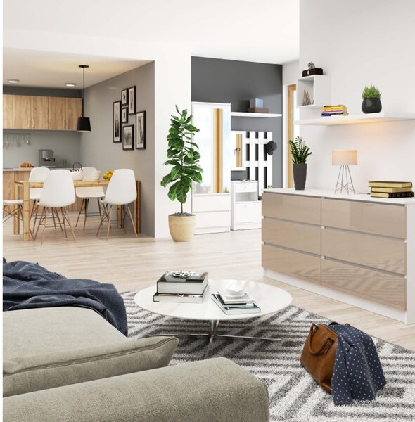 Komód K160 6SZ fényes cappuccino / fehér